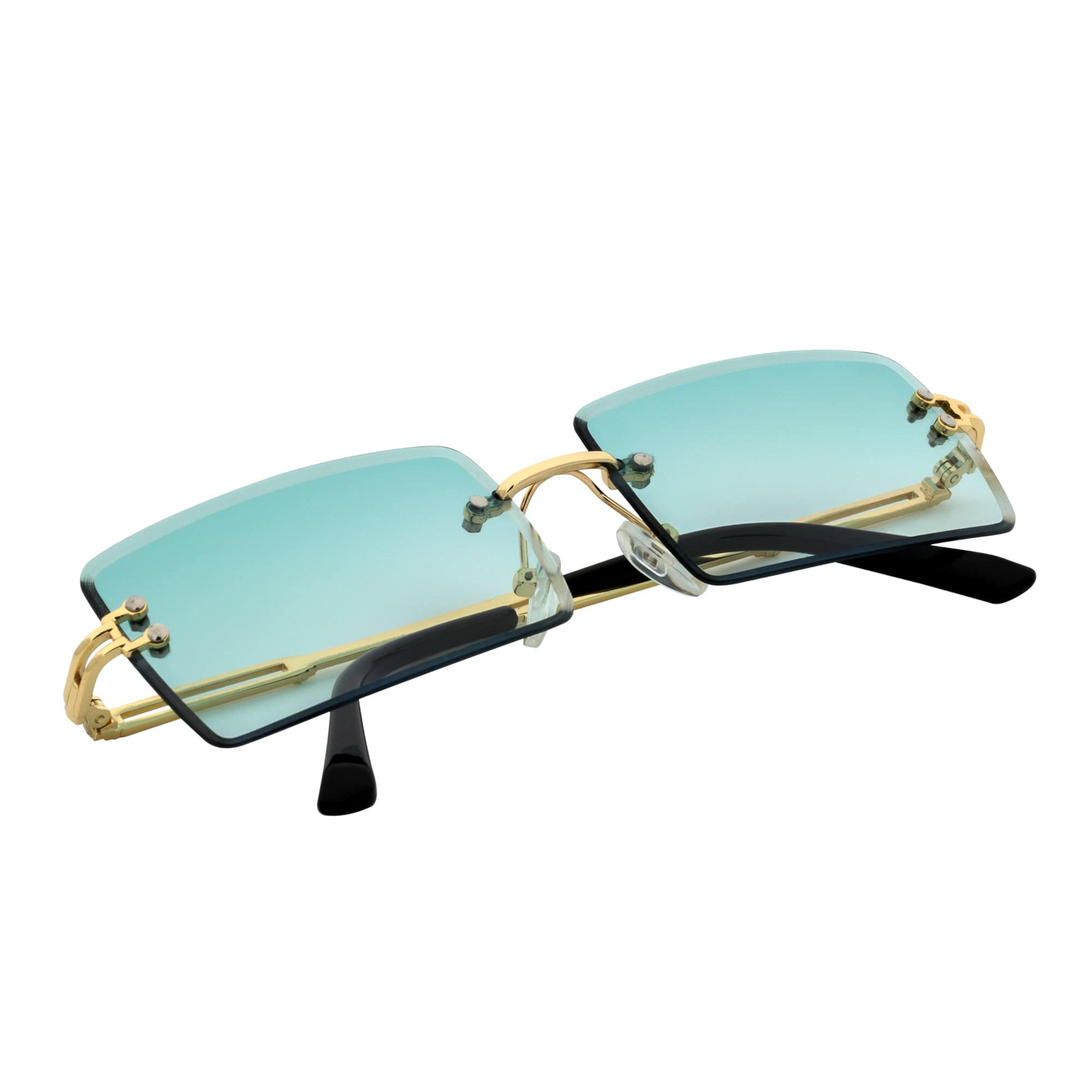 PREMIERE - Luxury 90s Small Metal Rimless Rectangle Sunglasses Gold Green Tint