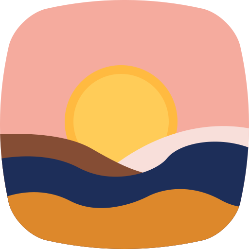 Simplified landscape with a sun, mountains, and water on a pink background
