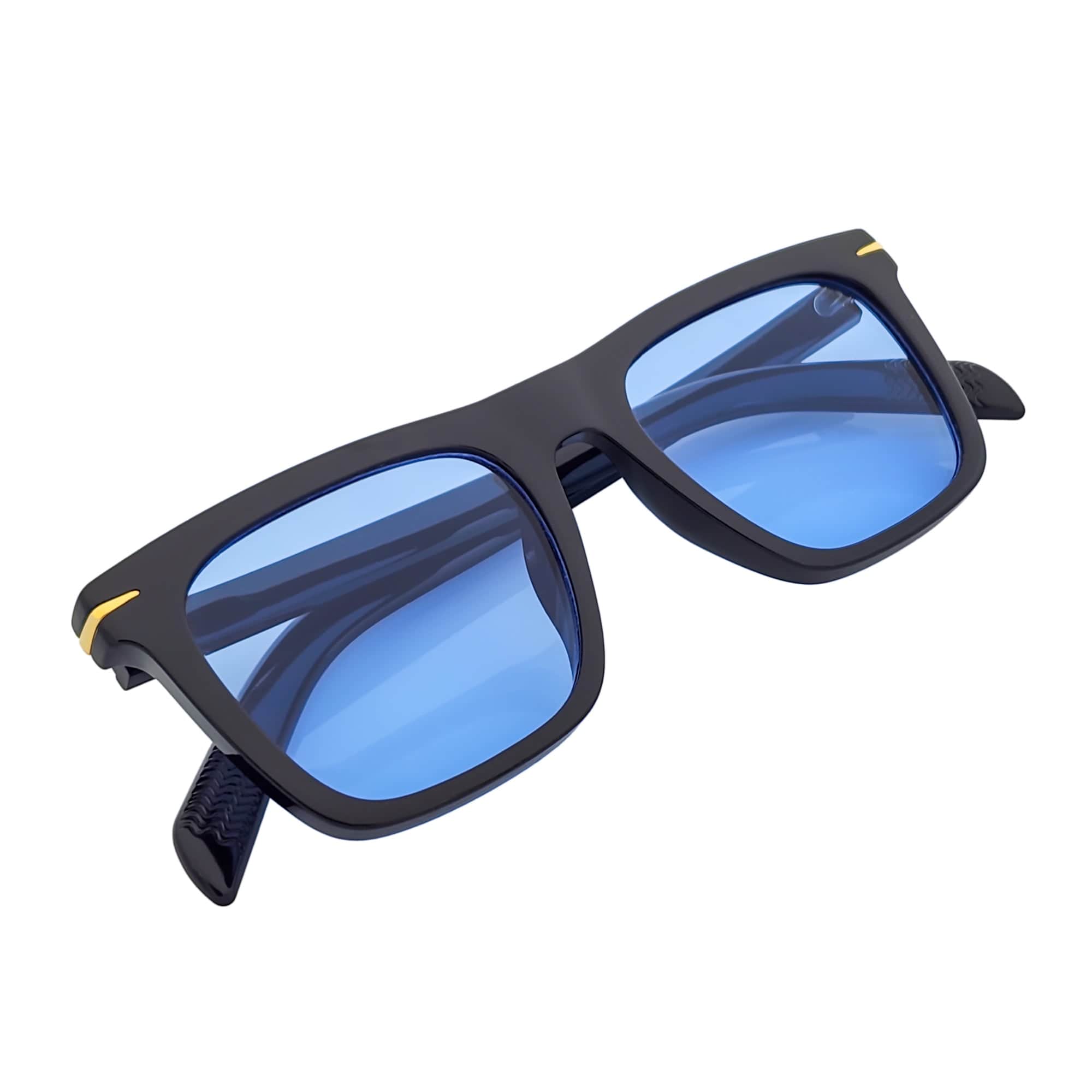 OXFORD - Square Horn Rimmed Sunglasses Metal Accent Black Blue Tint