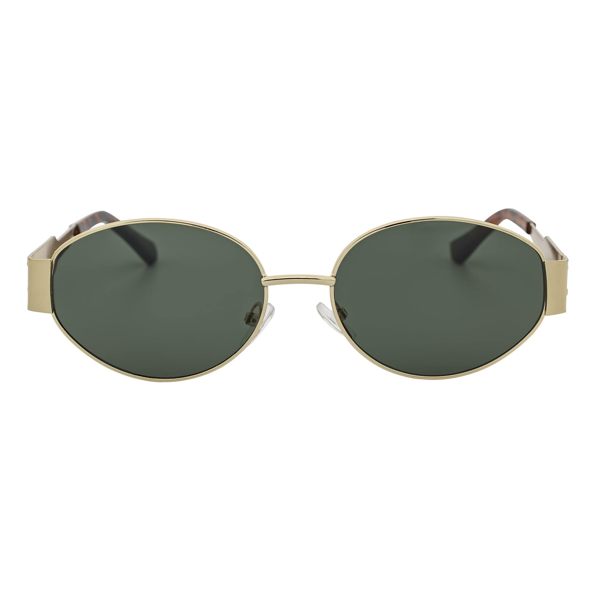SELINE - Retro Small Metal Oval Round Sunglasses Gold Green Tint