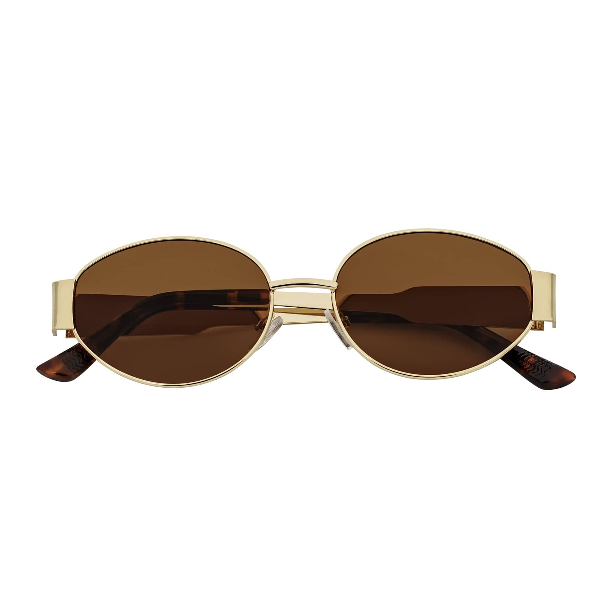 SELINE - Retro Small Metal Round Oval Sunglasses Gold Brown Tint - MorspecsM1093-1