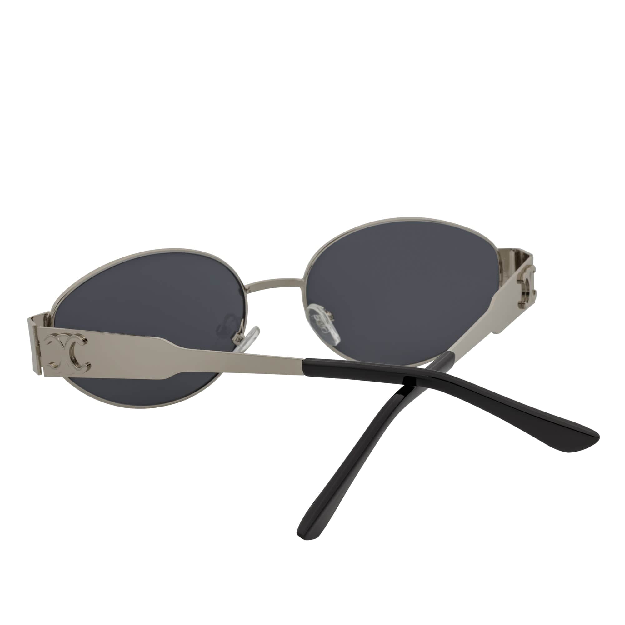 SELINE - Retro Small Metal Round Oval Sunglasses Silver Smoke Tint