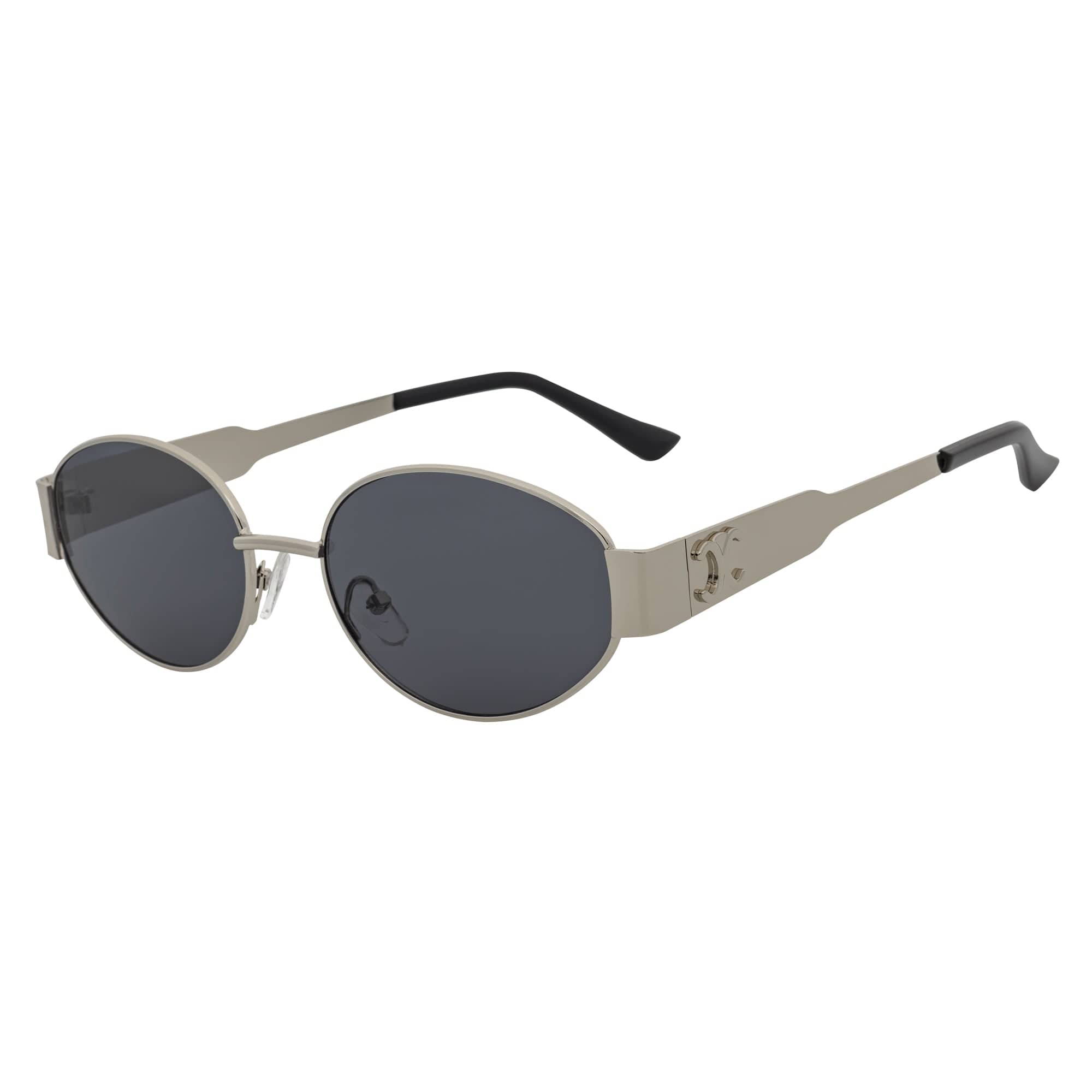 SELINE - Retro Small Metal Round Oval Sunglasses Silver Smoke Tint