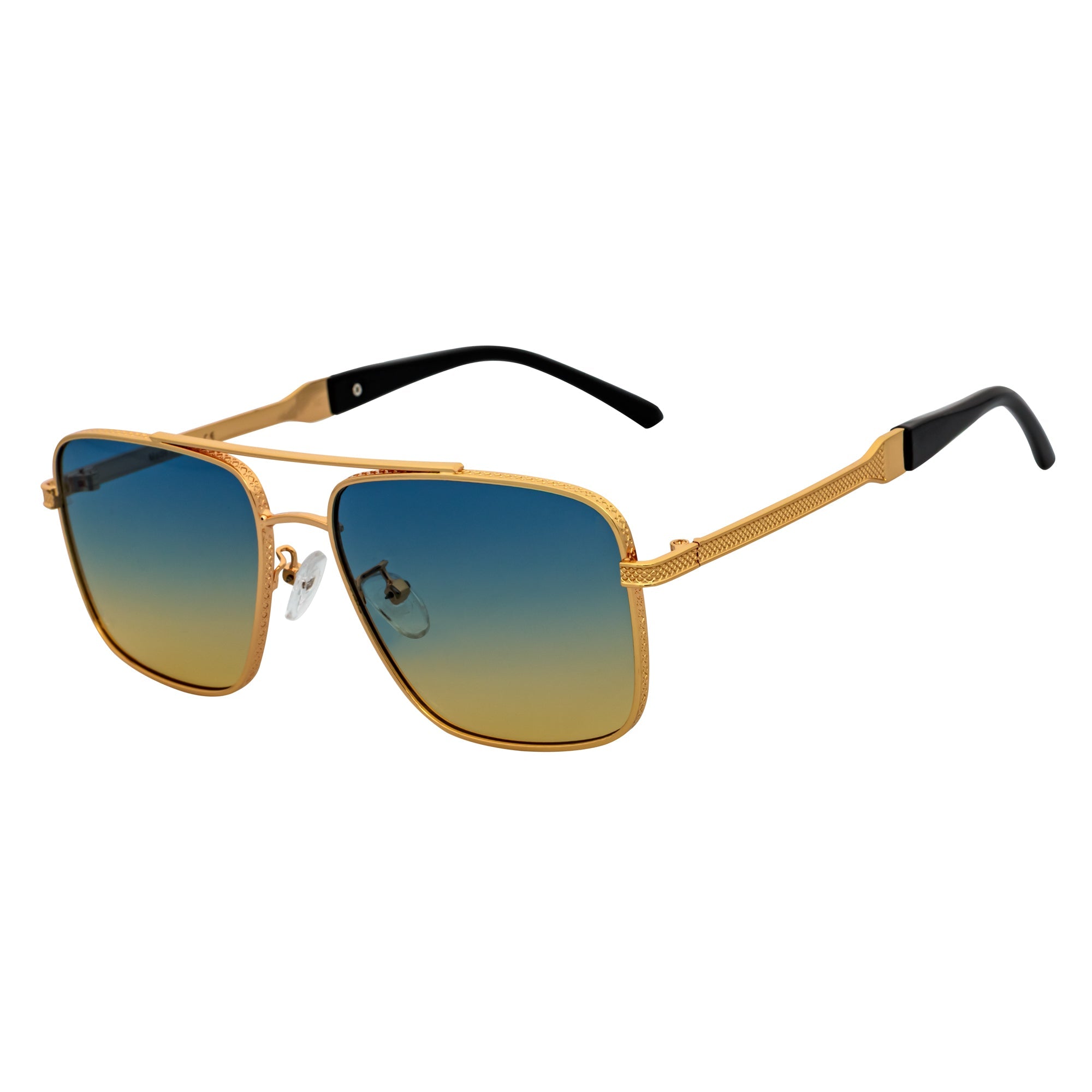 TOSHI - Premium Square Metal Flat Top Aviator Sunglasses Gold Blue - Tan Fade