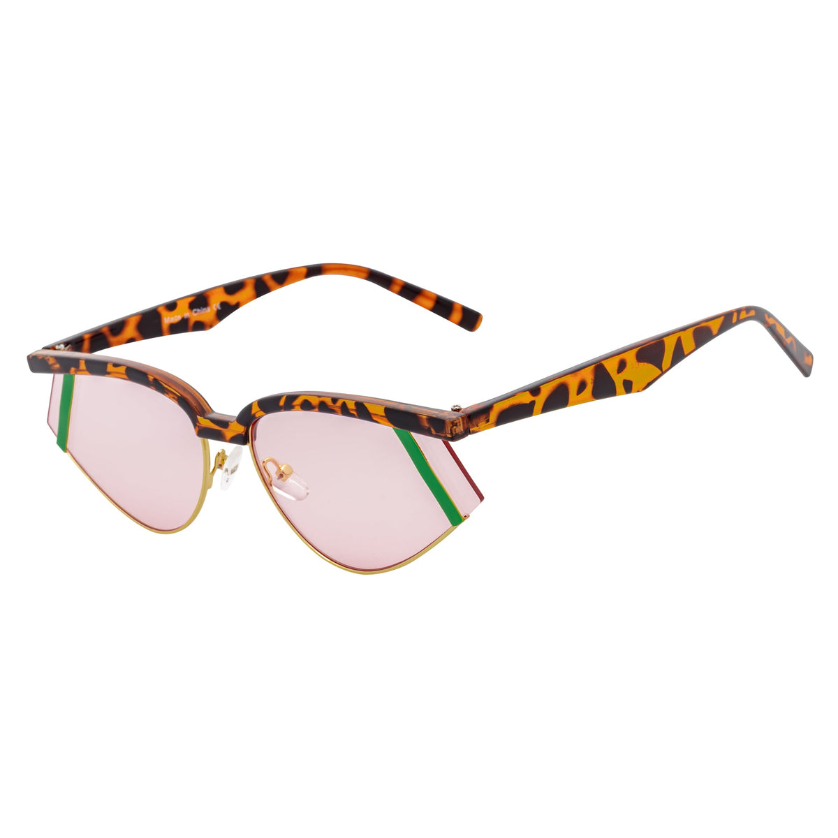 WILSHIRE - Rimless Cat Eye Sunglasses Tortoise-Green Frame Pink Lens