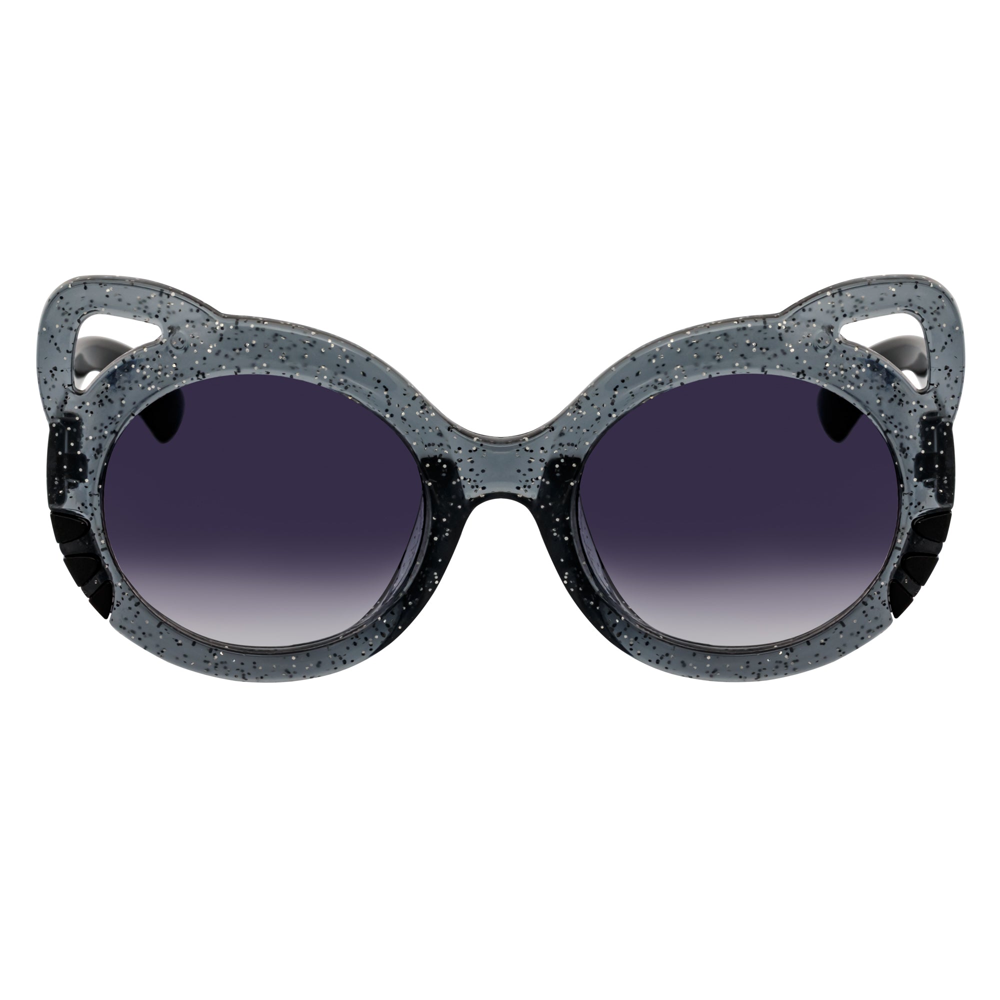 Sunglasses with cat-eye design and glittery frame on a white background