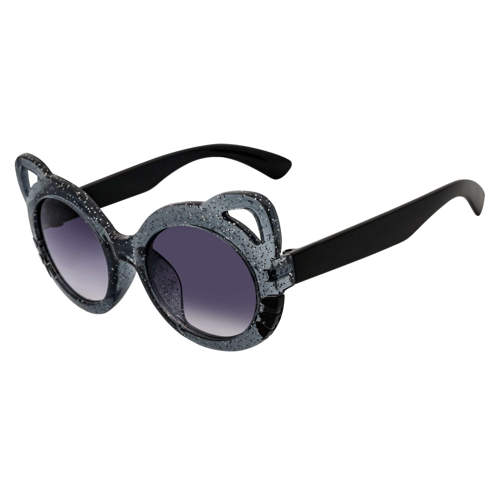 Sunglasses with black glittery frame and dark lenses on a white background