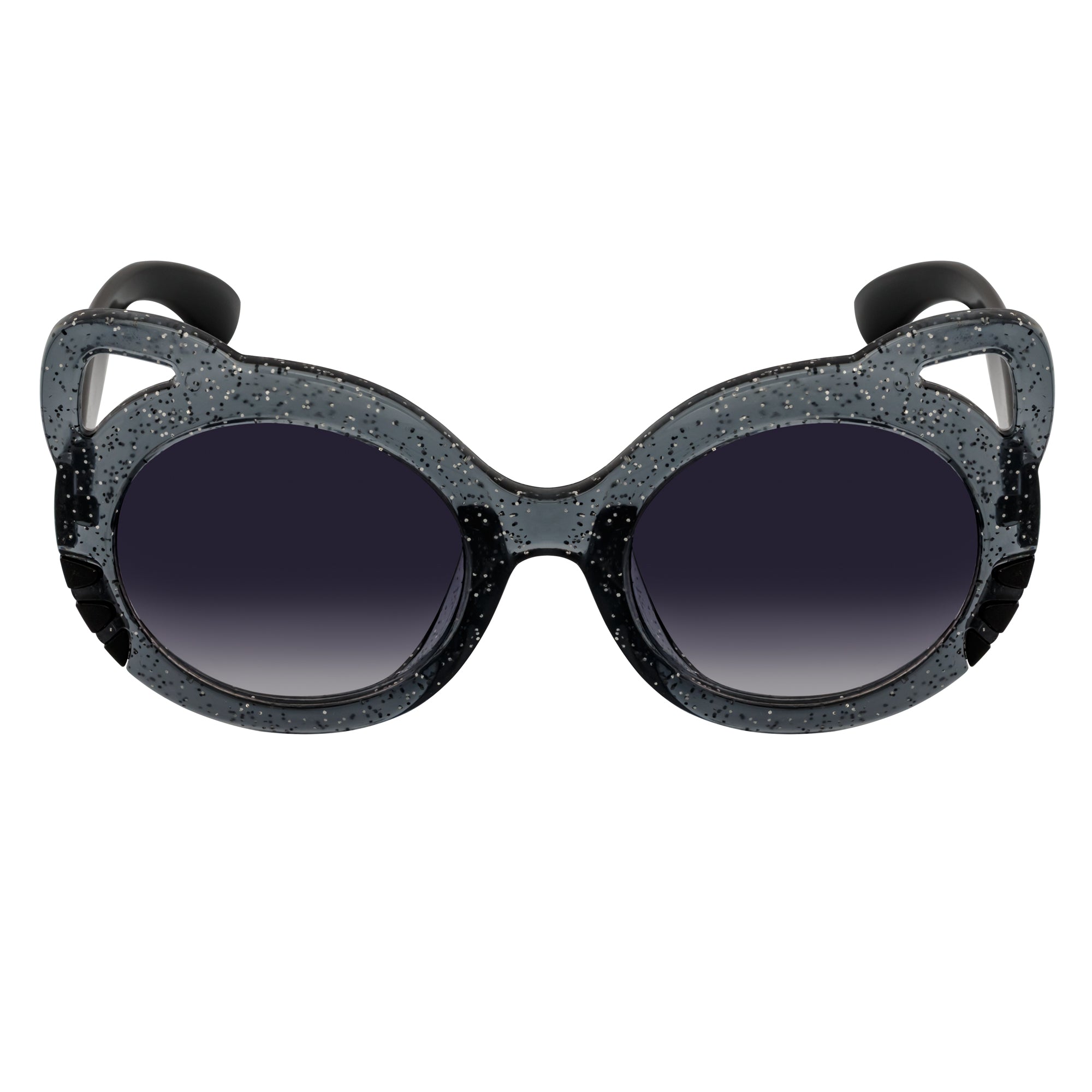 Sunglasses with black frame and dark lenses on a white background