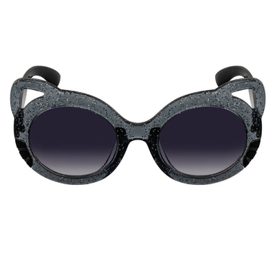 Sunglasses with black frame and dark lenses on a white background