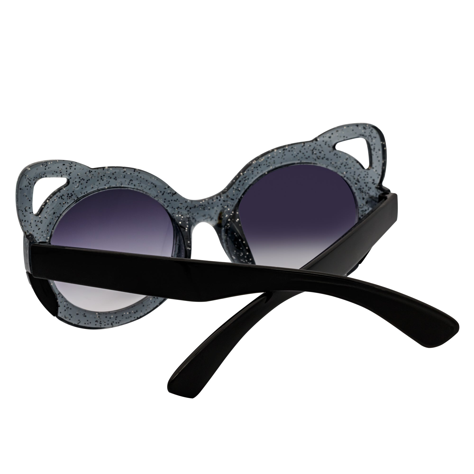 Sunglasses with black frame and gray speckled arms on a white background