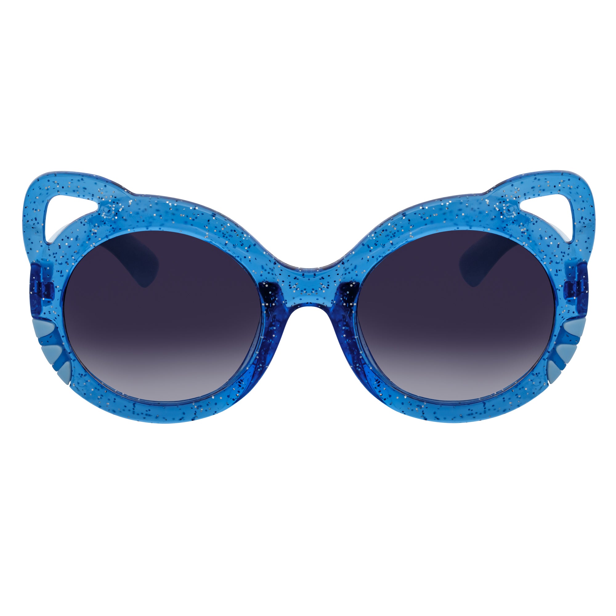 Blue glittery sunglasses with dark lenses on a white background