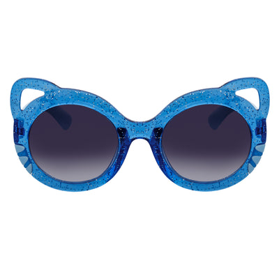Blue glittery sunglasses with dark lenses on a white background