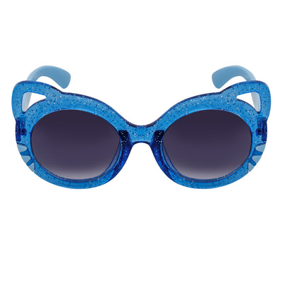 Blue glittery sunglasses with dark lenses on a white background