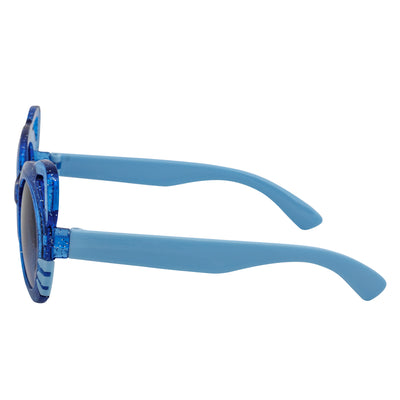 Blue sunglasses with a glittery frame on a white background