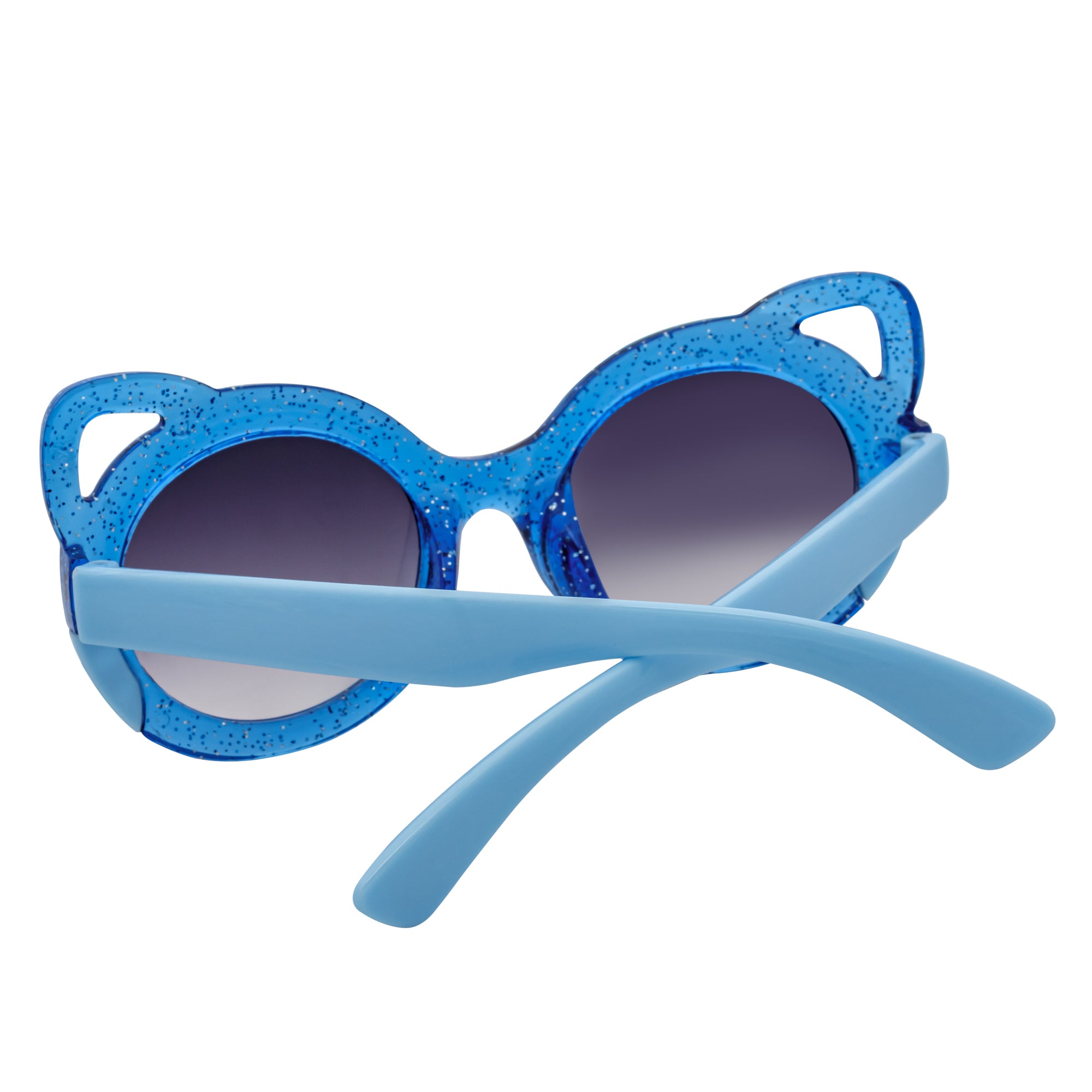 Blue cat-eye sunglasses with glittery frame on a white background