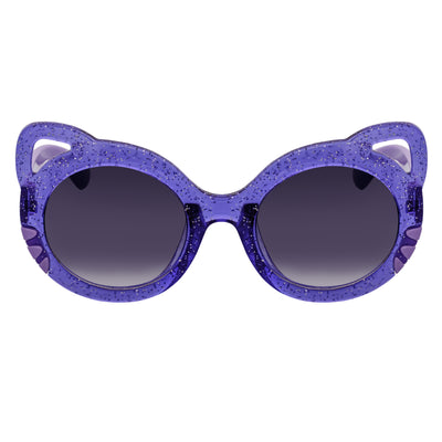 Purple glittery sunglasses with dark lenses on a white background
