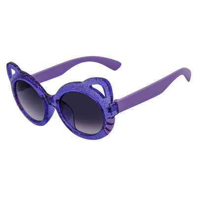 Purple cat-eye sunglasses with glittery frame on a white background