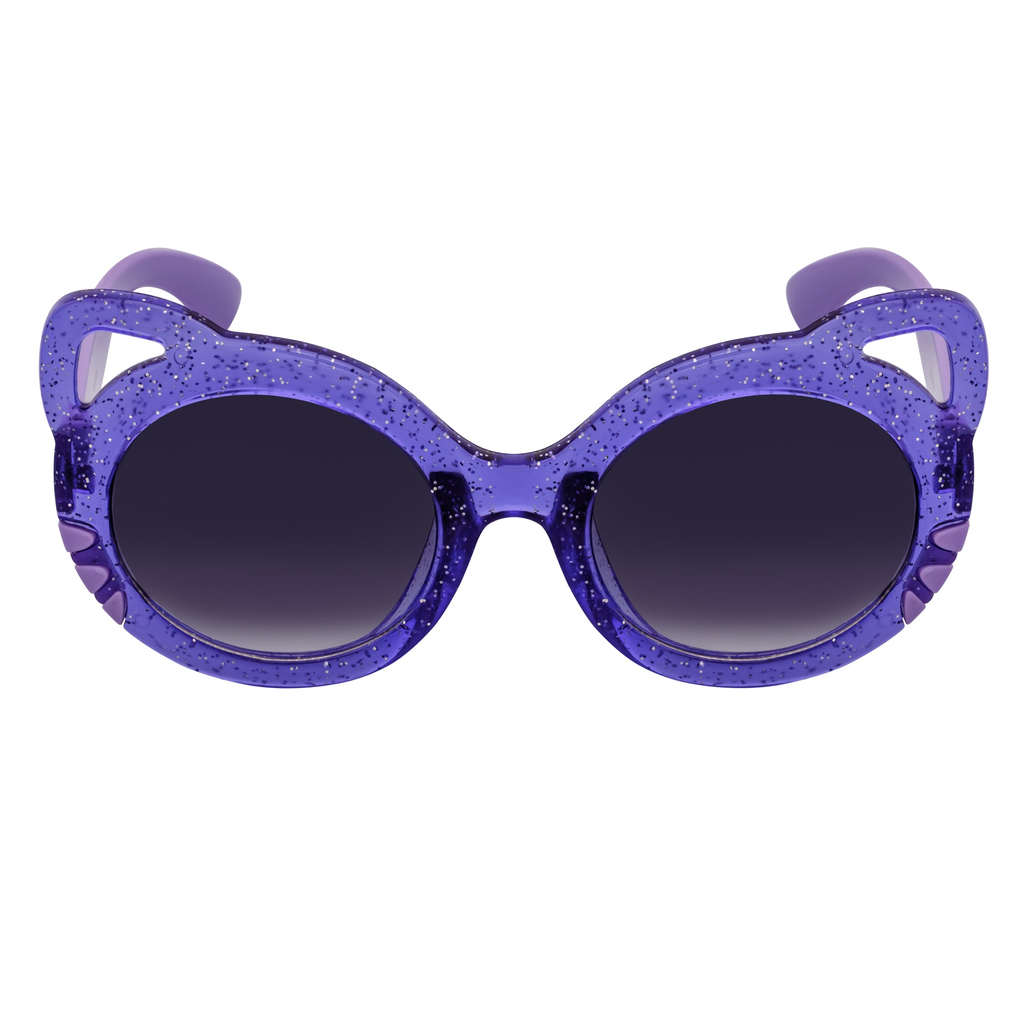 Purple glittery sunglasses with dark lenses on a white background
