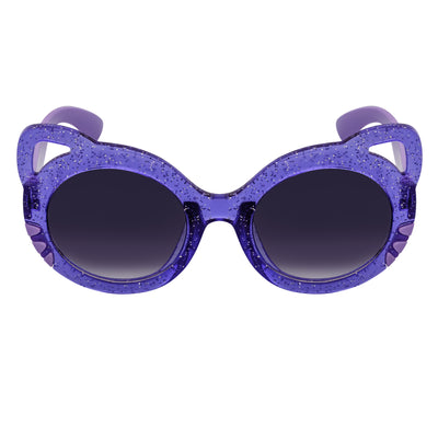 Purple glittery sunglasses with dark lenses on a white background