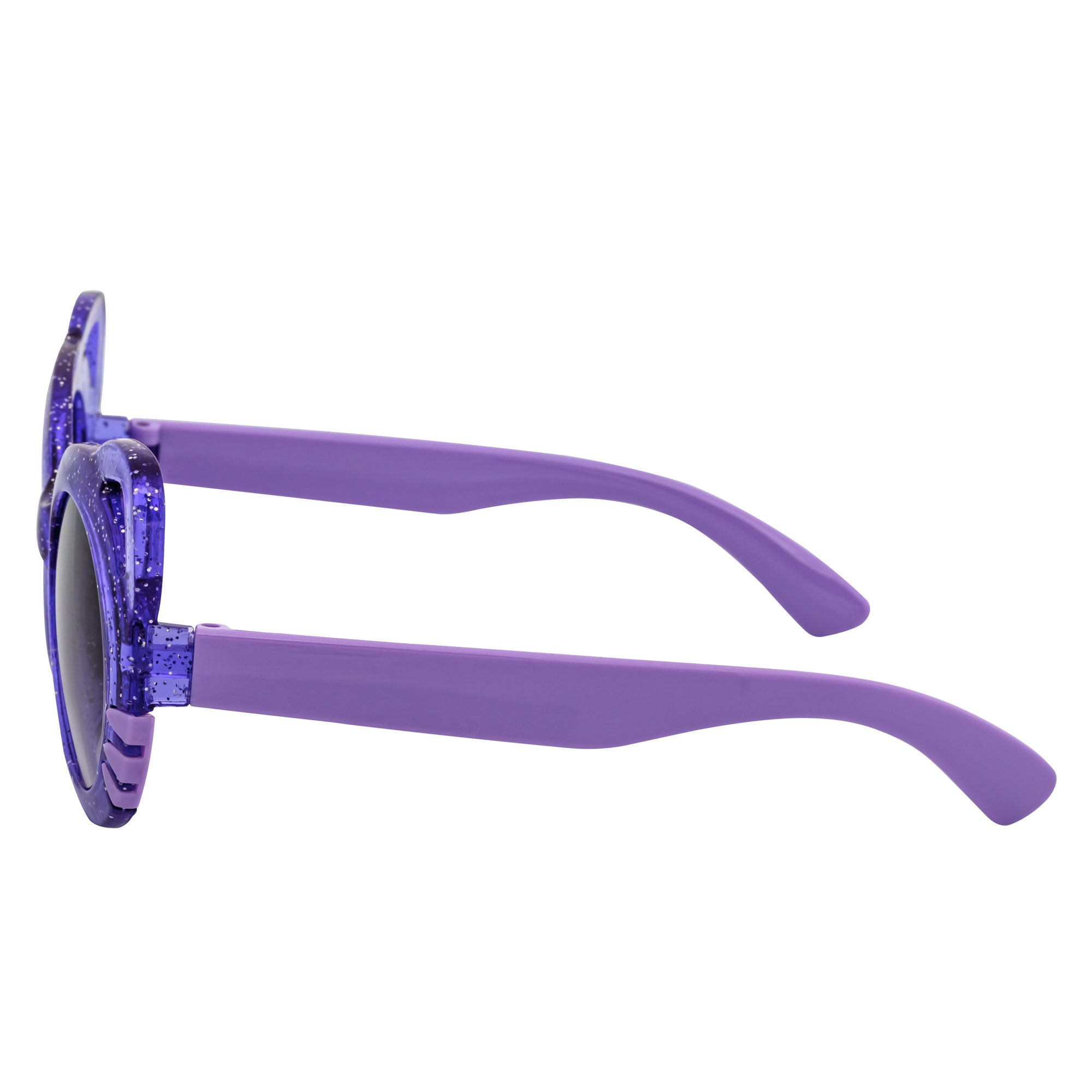 Purple sunglasses with glittery frame on a white background