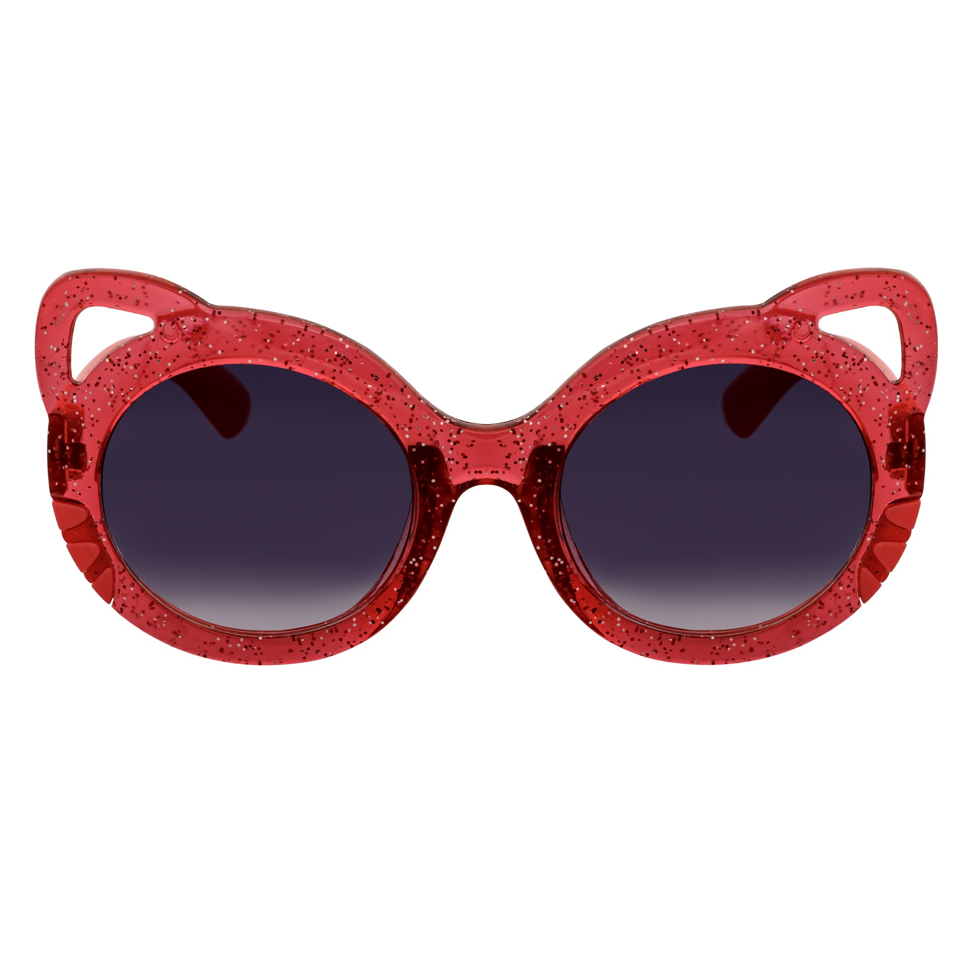 Red glittery sunglasses with dark lenses on a white background