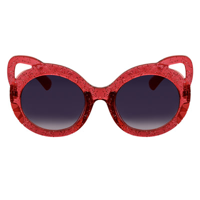 Red glittery sunglasses with dark lenses on a white background