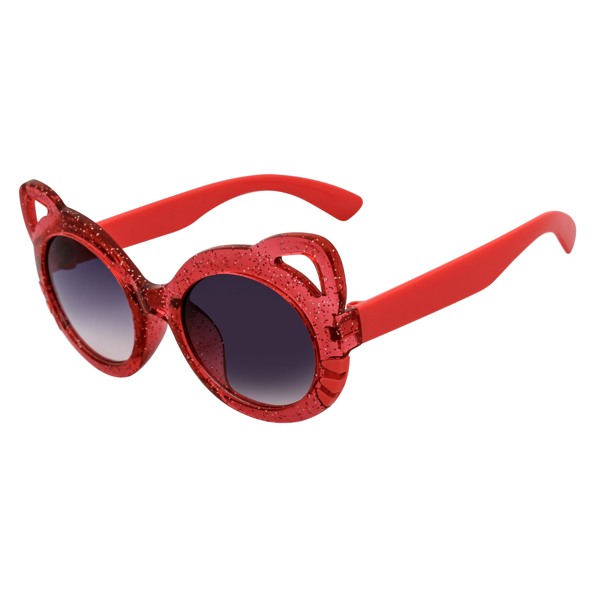 Red cat-eye sunglasses with glittery frame on a white background