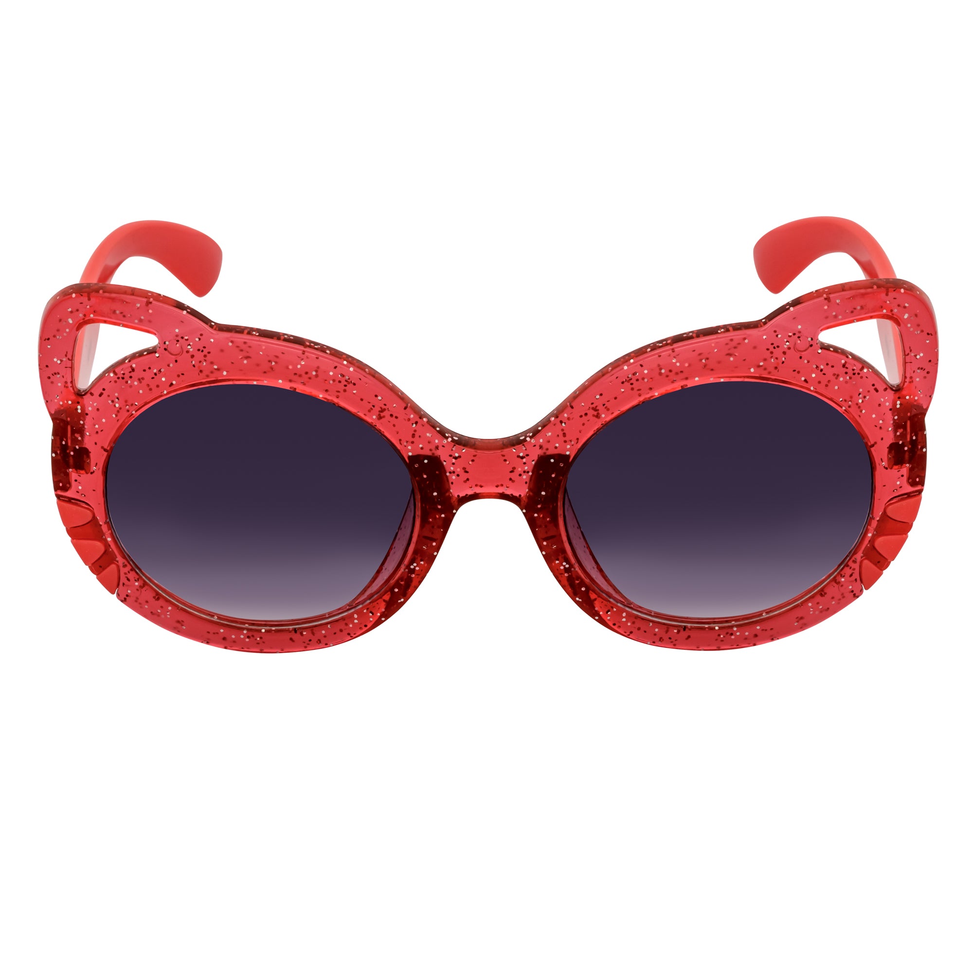 Red glittery sunglasses with dark lenses on a white background