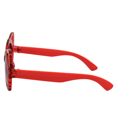 Red sunglasses with a clear lens on a white background