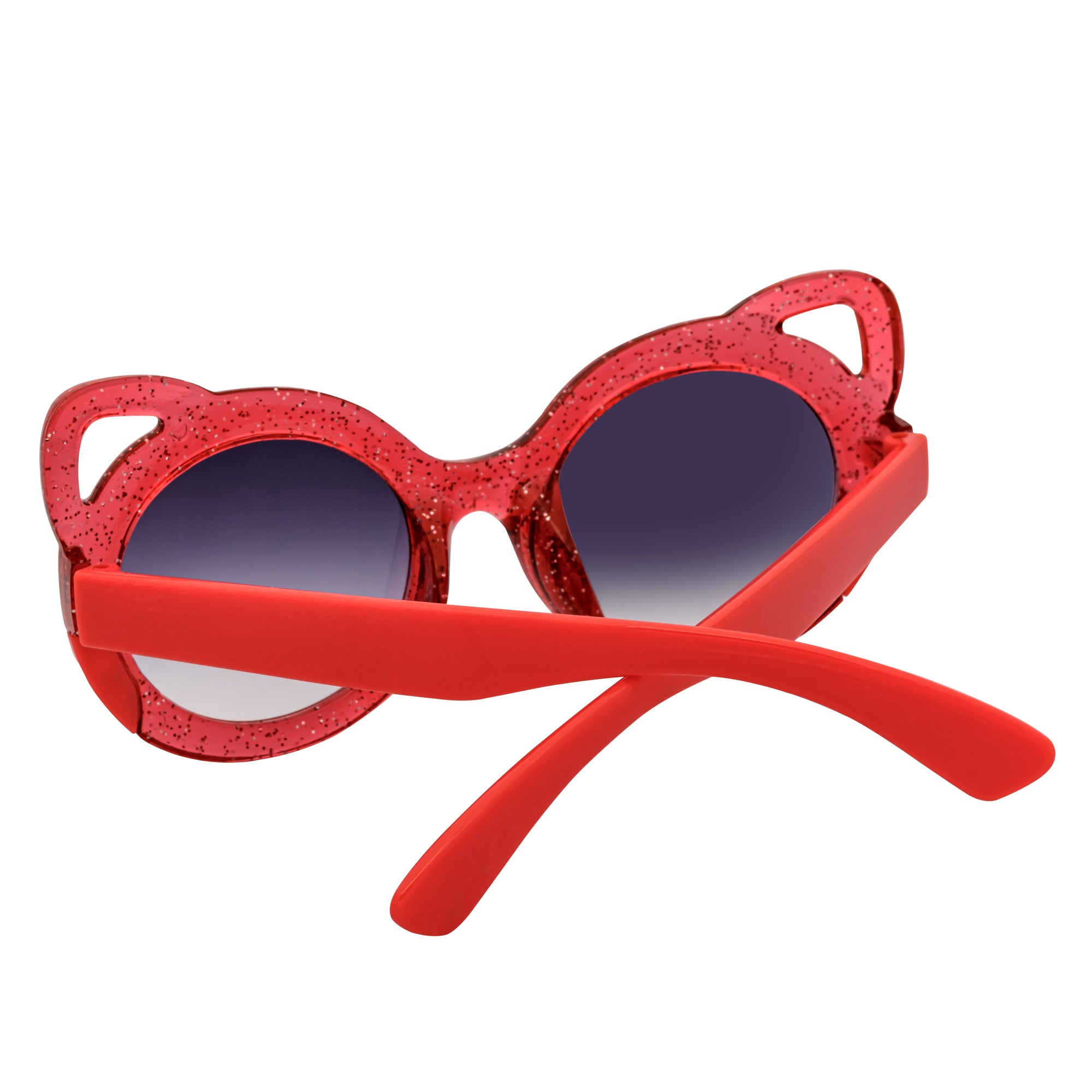 Red cat-eye sunglasses with glittery frame on a white background