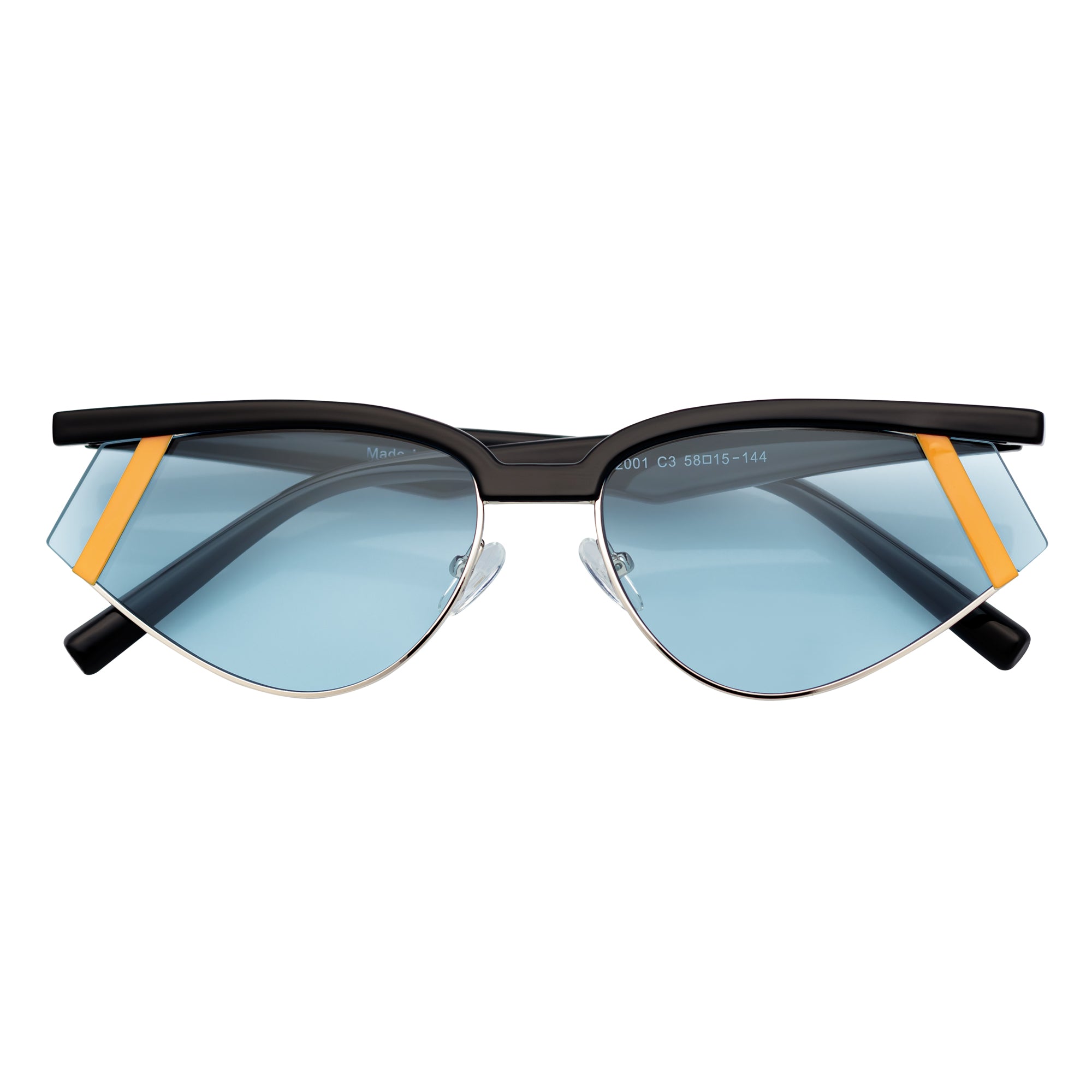 WILSHIRE - Rimless Cat Eye Sunglasses Black-Orange Frame Blue Lens