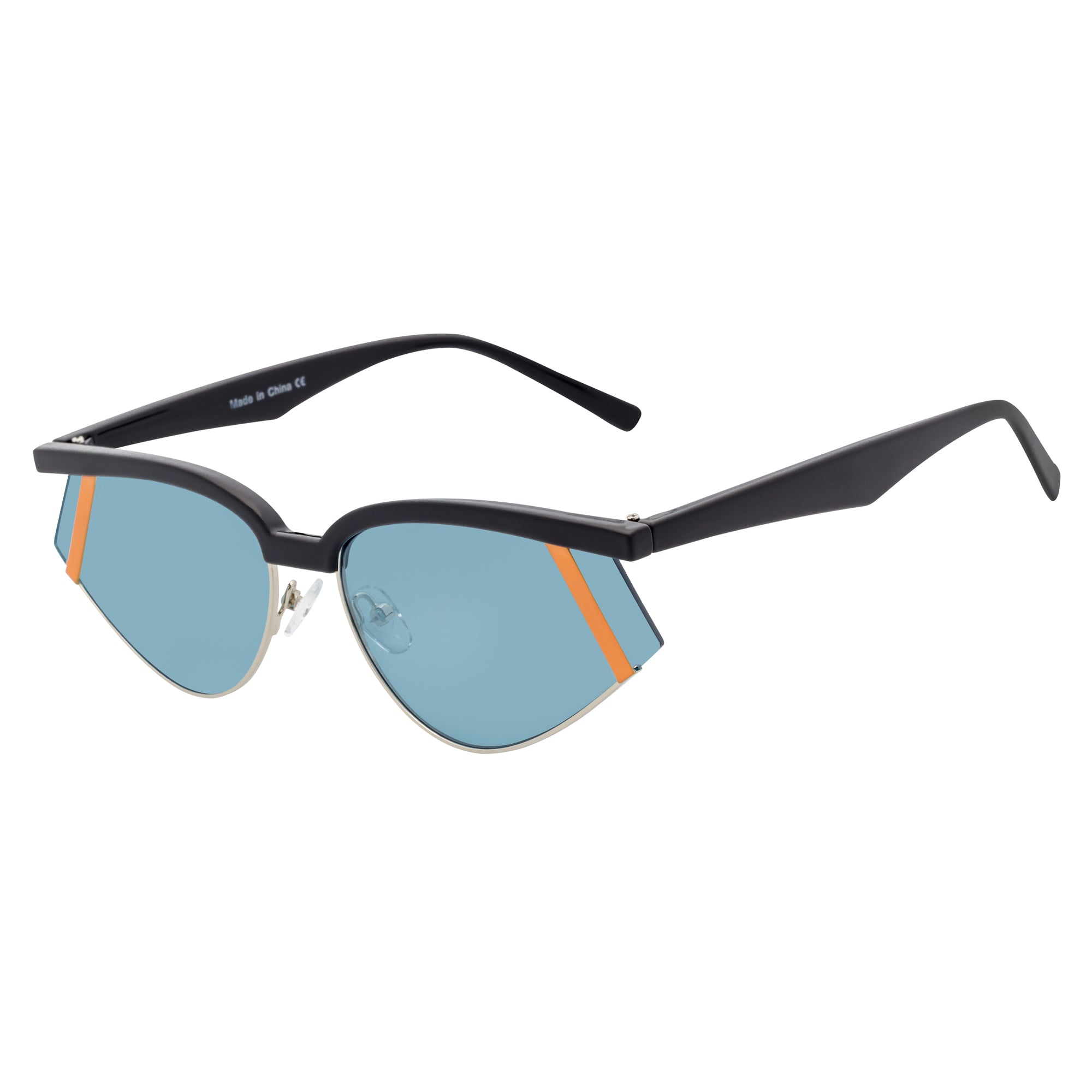WILSHIRE - Rimless Cat Eye Sunglasses Black-Orange Frame Blue Lens