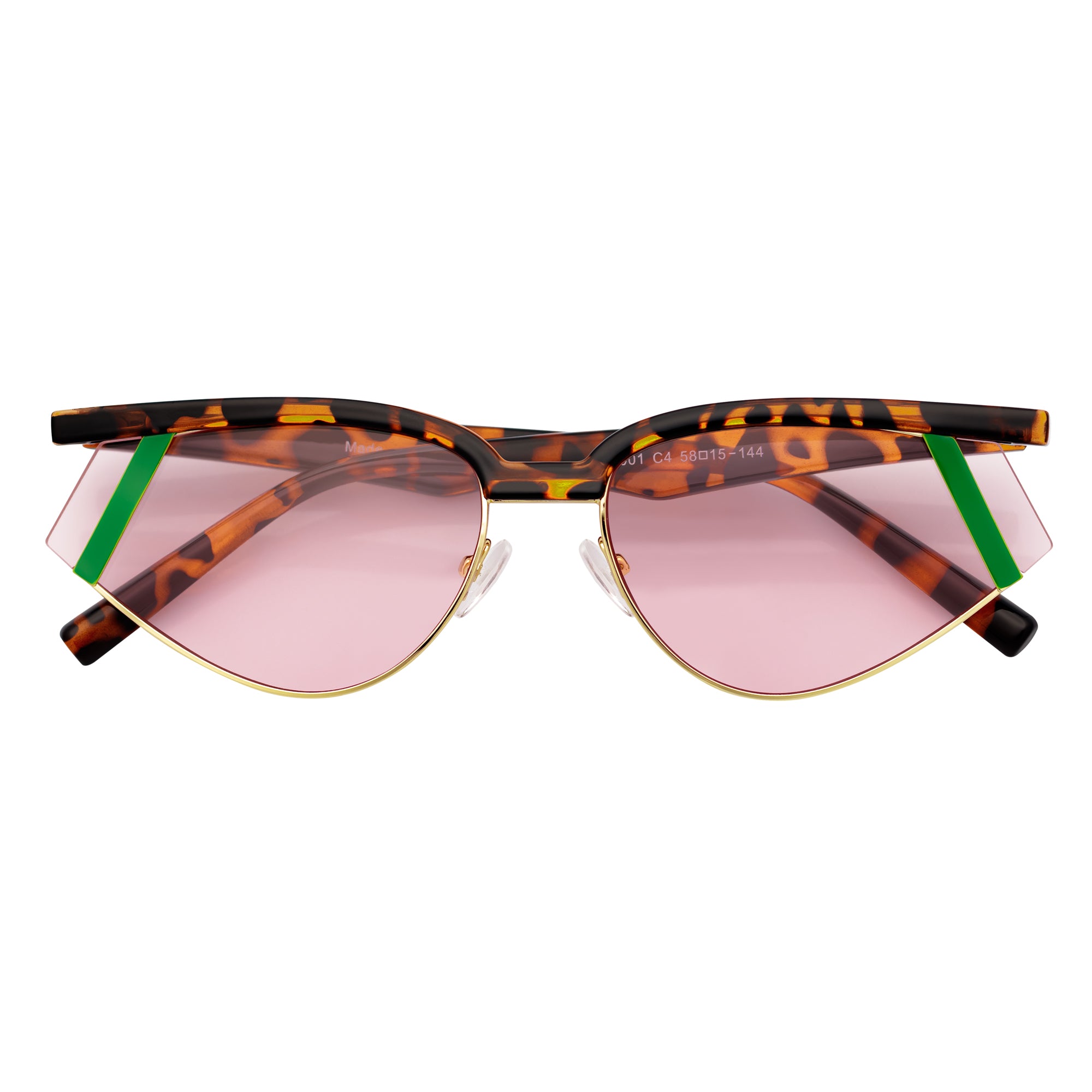 WILSHIRE - Rimless Cat Eye Sunglasses Tortoise-Green Frame Pink Lens