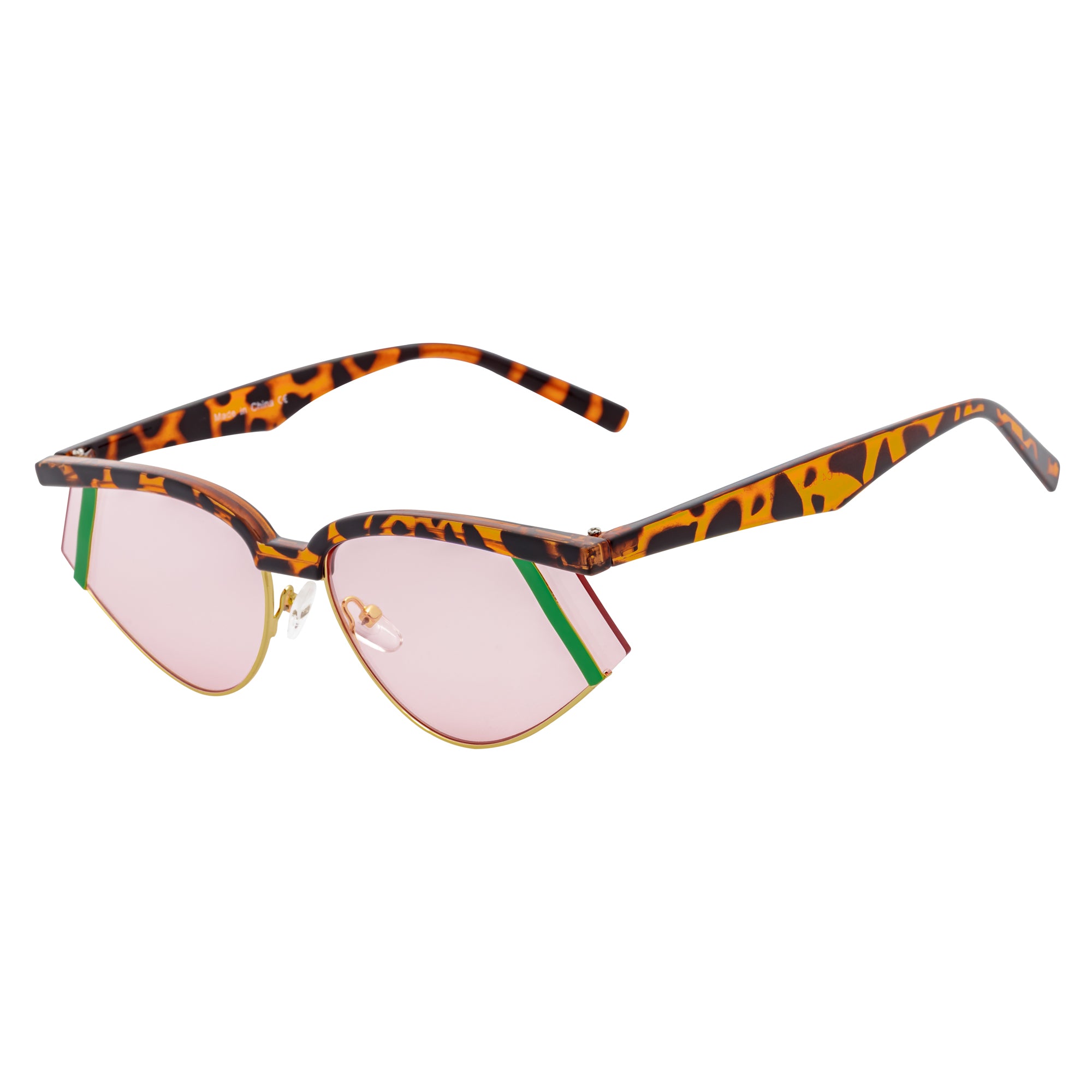 WILSHIRE - Rimless Cat Eye Sunglasses Tortoise-Green Frame Pink Lens