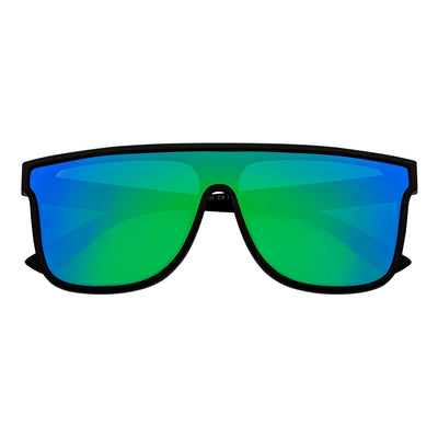AEON - Flat Top Shield Polarized Sunglasses Mono Lens Black Green Mirror