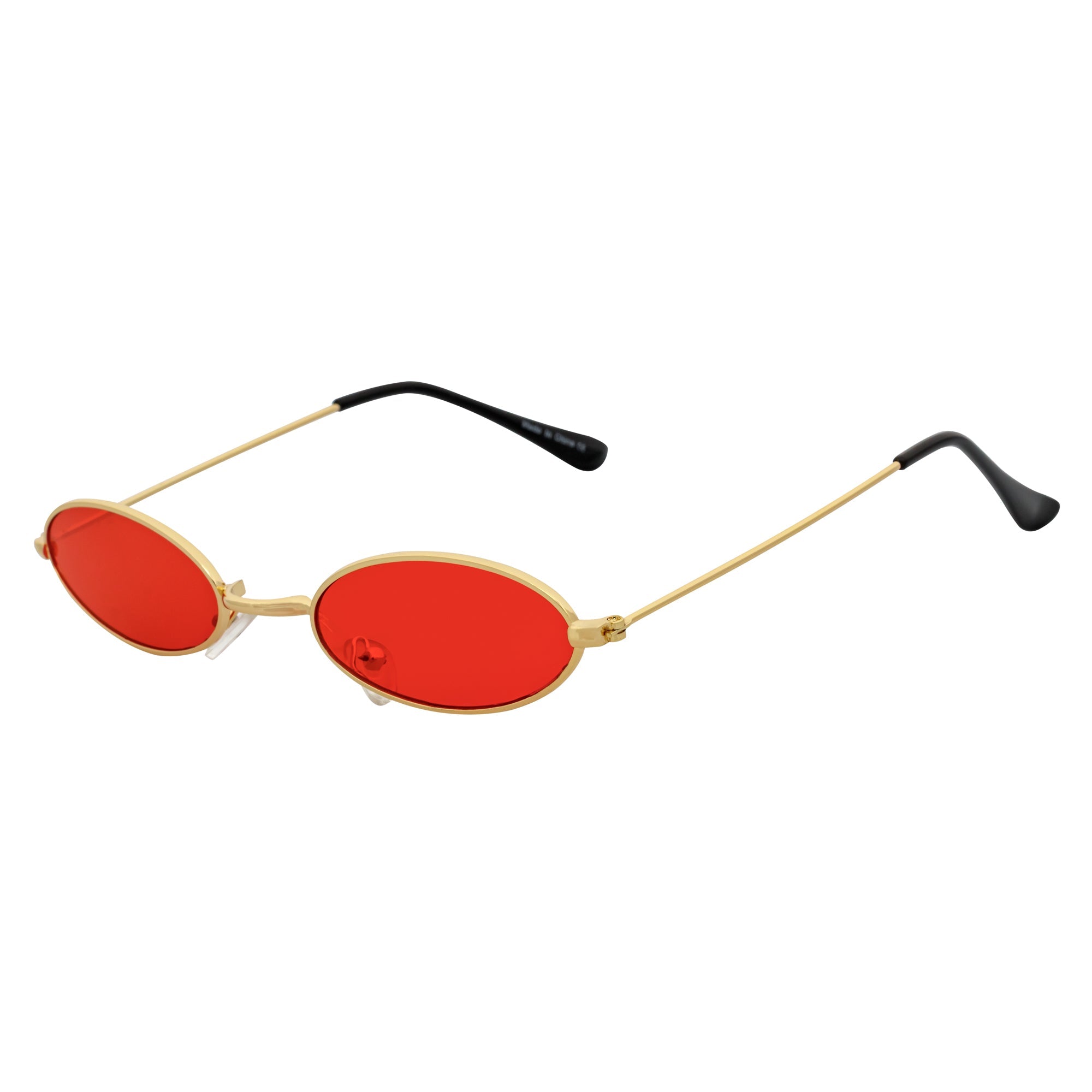 BECK - Retro Modern Small Metal Round Oval 90s Gold Sunglasses Red Lens
