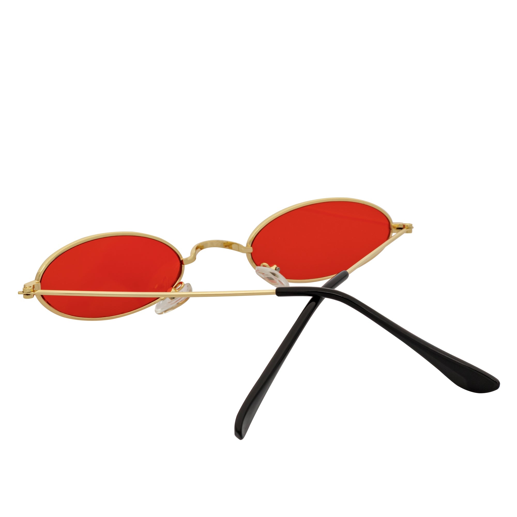 BECK - Retro Modern Small Metal Round Oval 90s Gold Sunglasses Red Lens