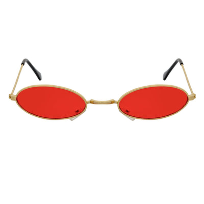 BECK - Retro Modern Small Metal Round Oval 90s Gold Sunglasses Red Lens