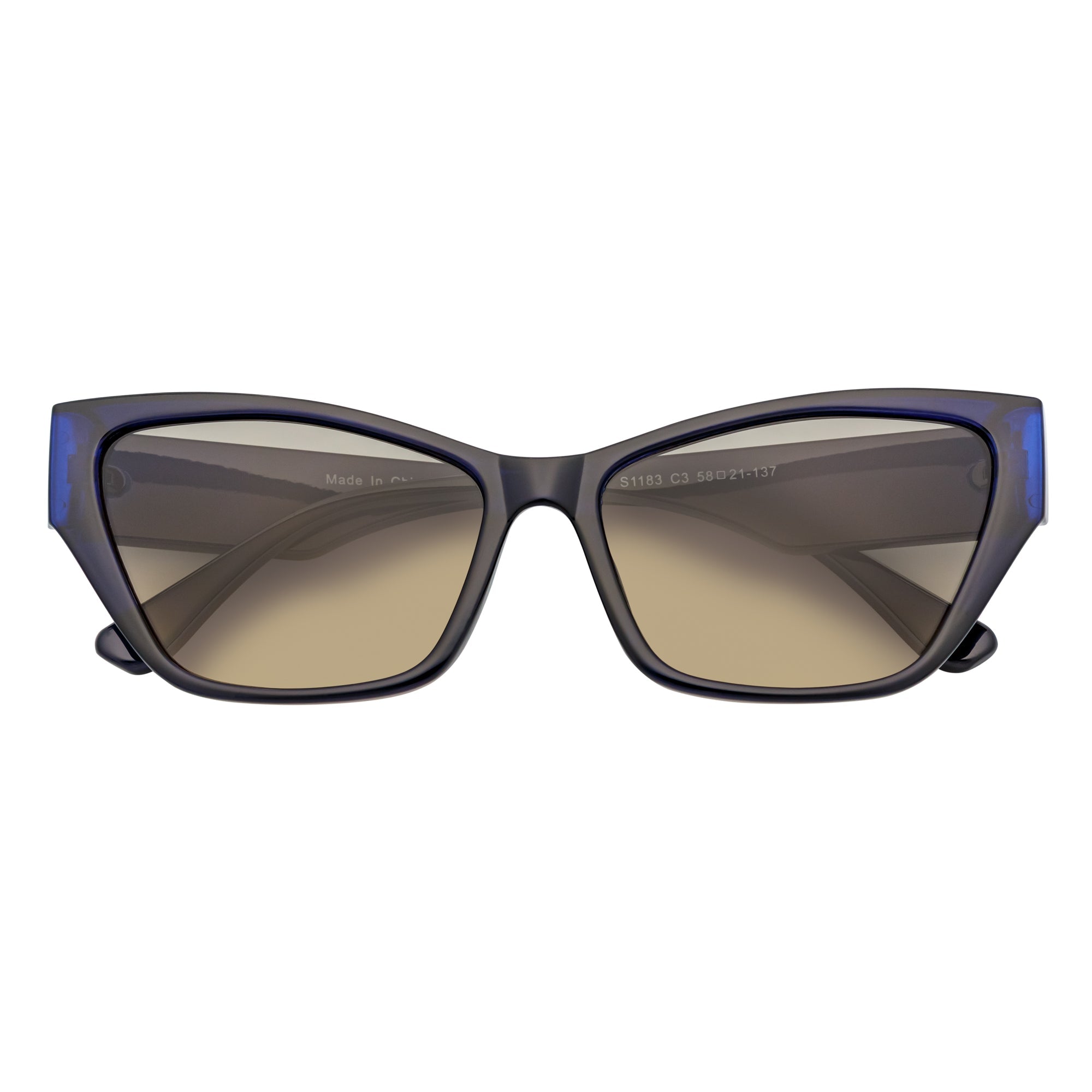 BIJOU - Modern Flat Temple Cat Eye Blue Sunglasses Tan Tint Lens