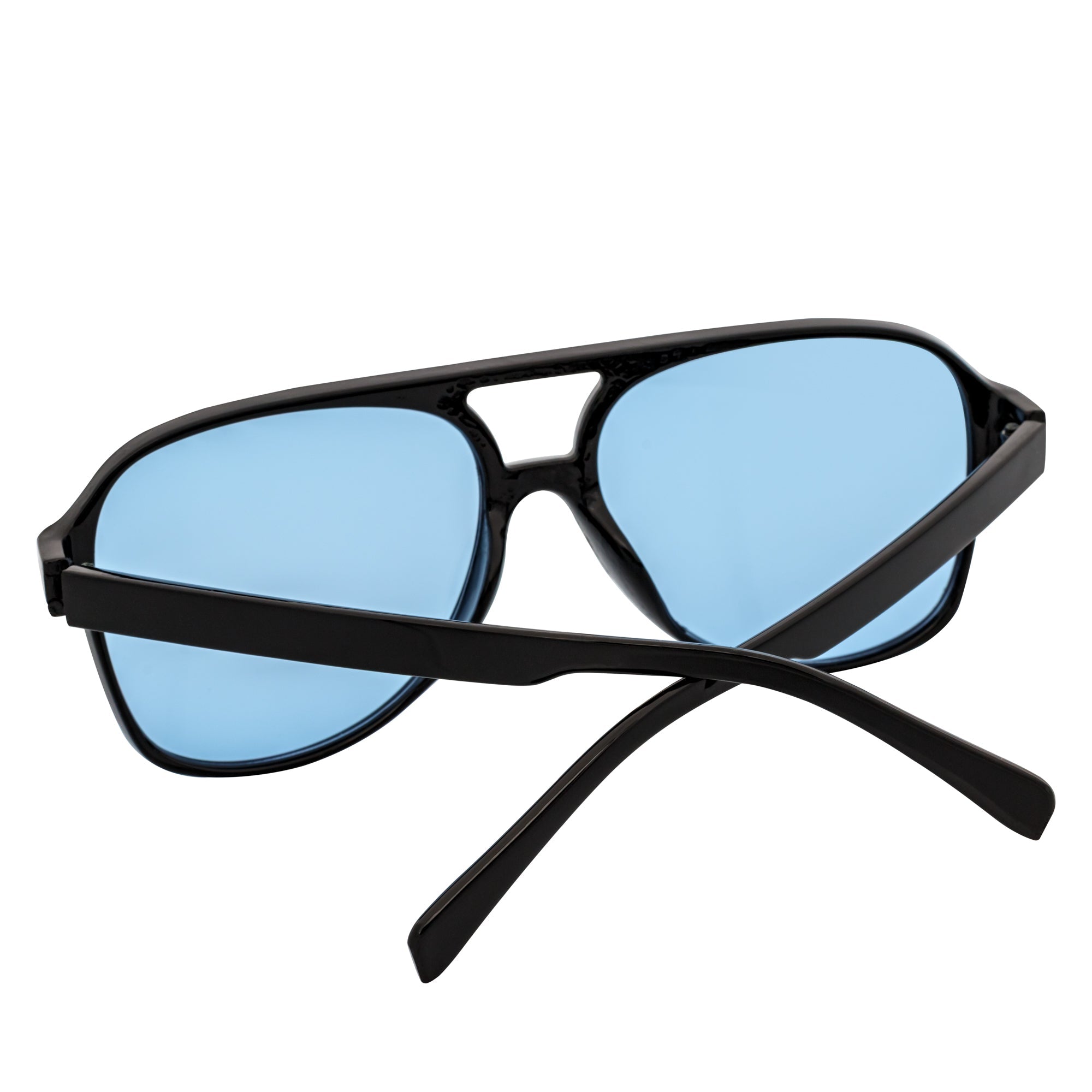 BRASCO - Classic Plastic Teardrop Aviator Black Sunglasses Blue Tint Lens