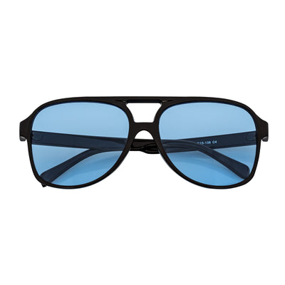 BRASCO - Classic Plastic Teardrop Aviator Black Sunglasses Blue Tint Lens