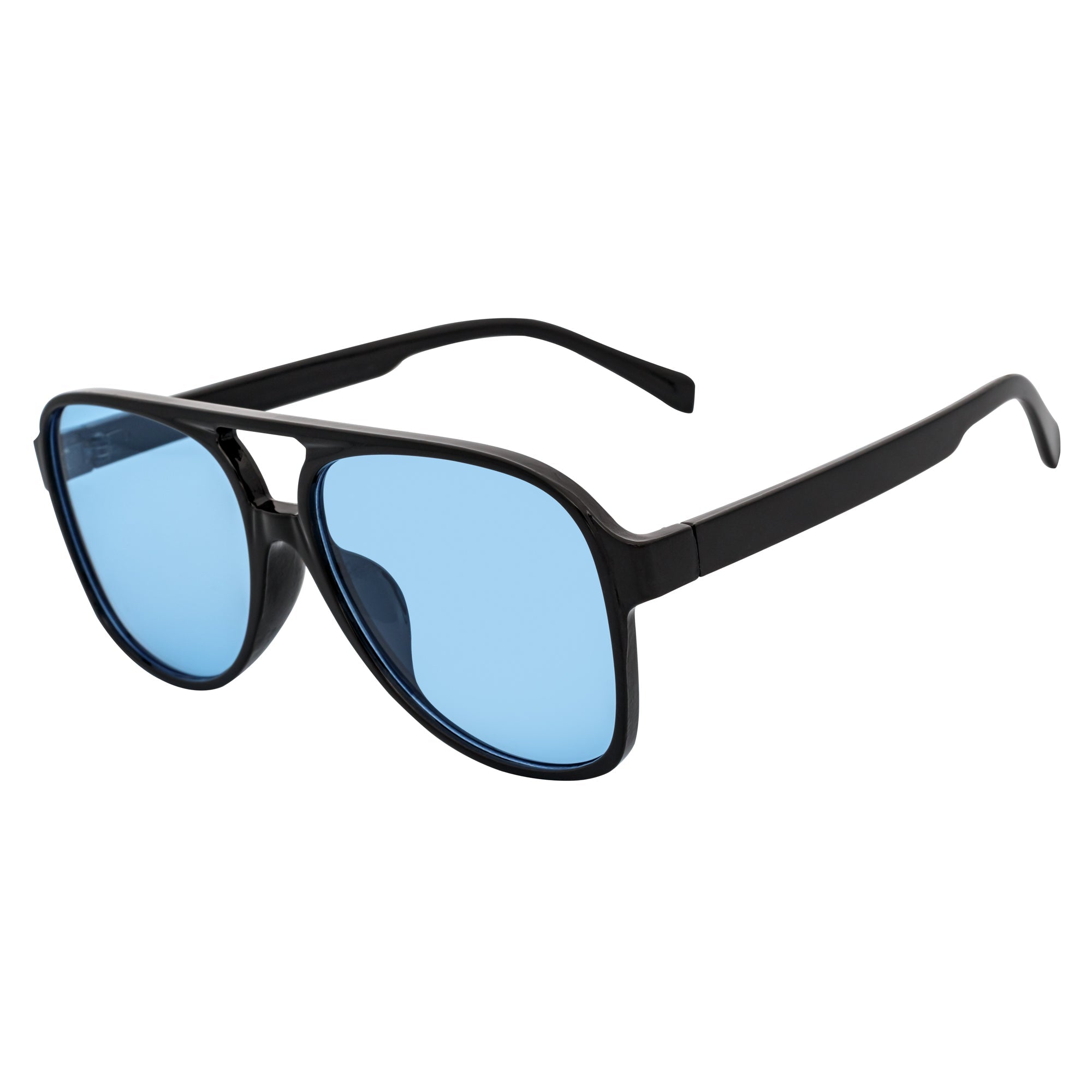 BRASCO - Classic Plastic Teardrop Aviator Black Sunglasses Blue Tint Lens