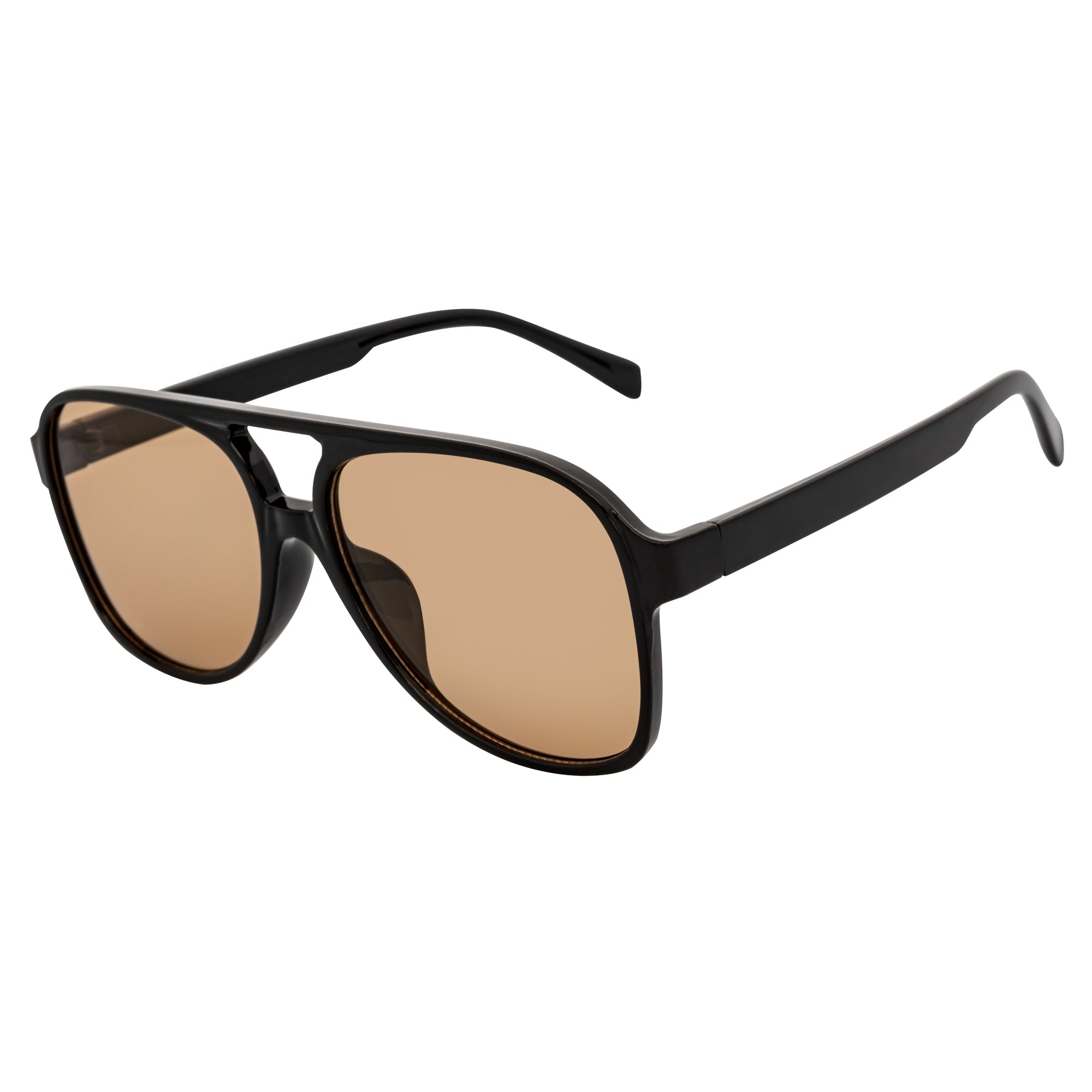 BRASCO - Classic Plastic Teardrop Aviator Black Sunglasses Brown Tint Lens
