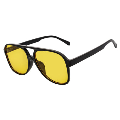 BRASCO - Classic Plastic Teardrop Aviator Black Sunglasses Yellow Tint Lens