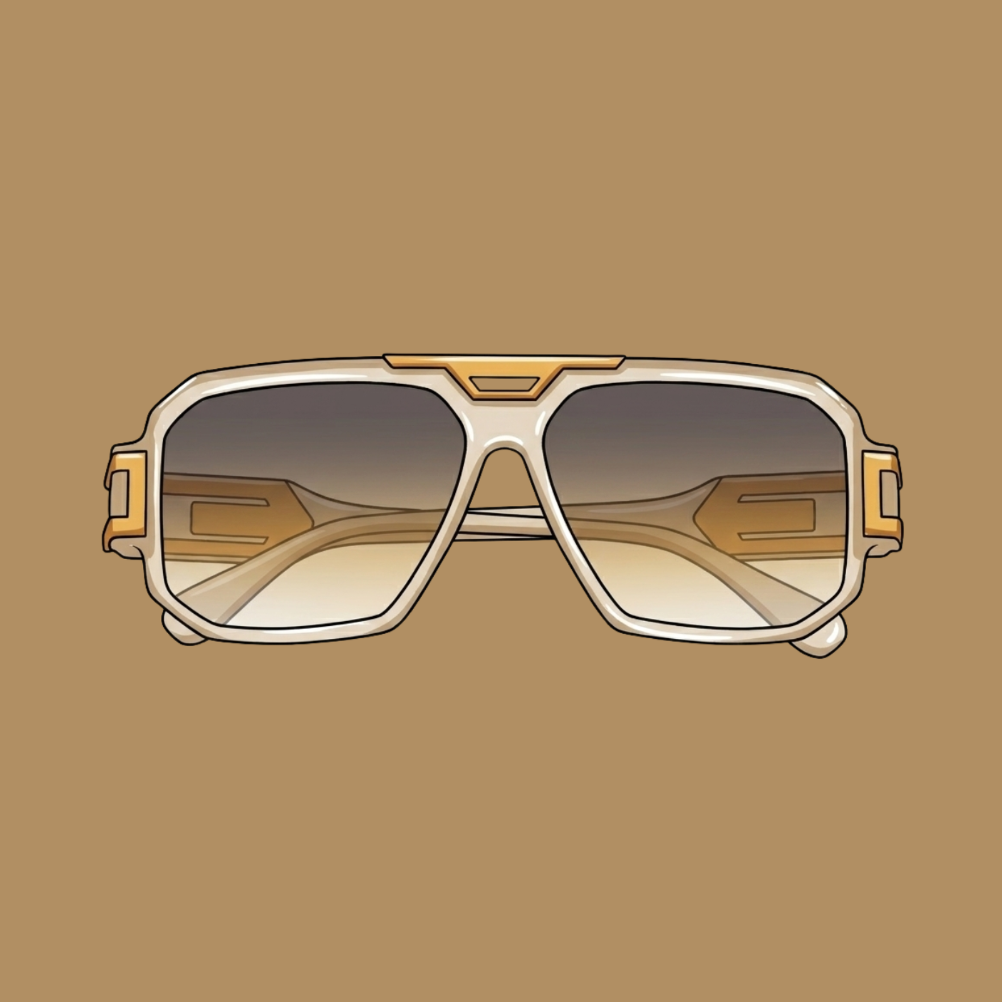 Sunglasses with gold frame and dark lenses on a brown background