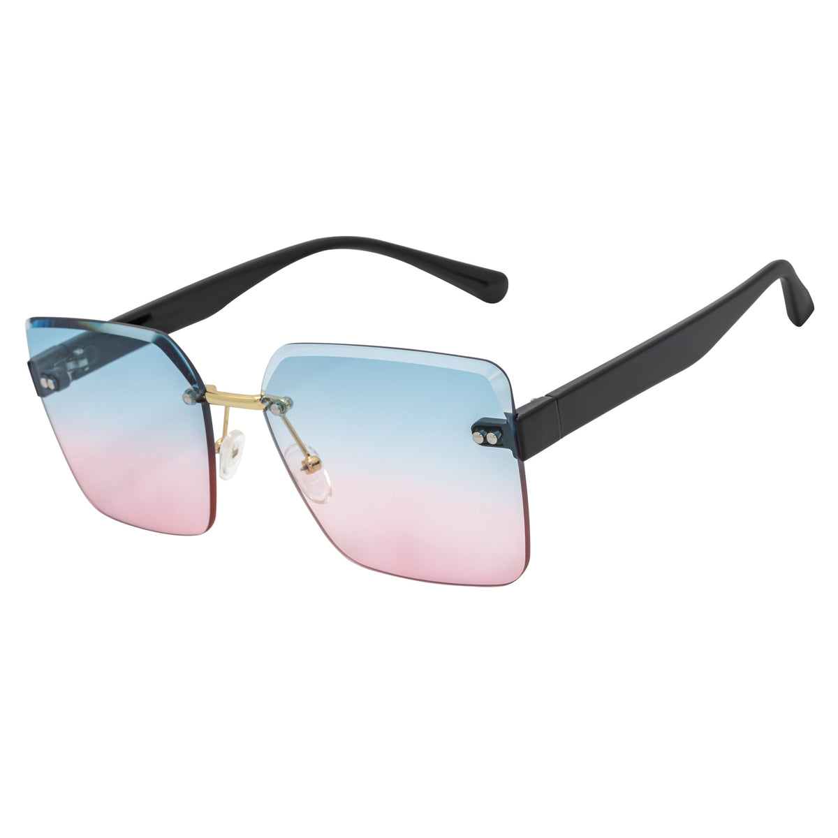 CASCADE - Rimless Oversize Square Sunglasses Black - Gold Blue - Pink Lens