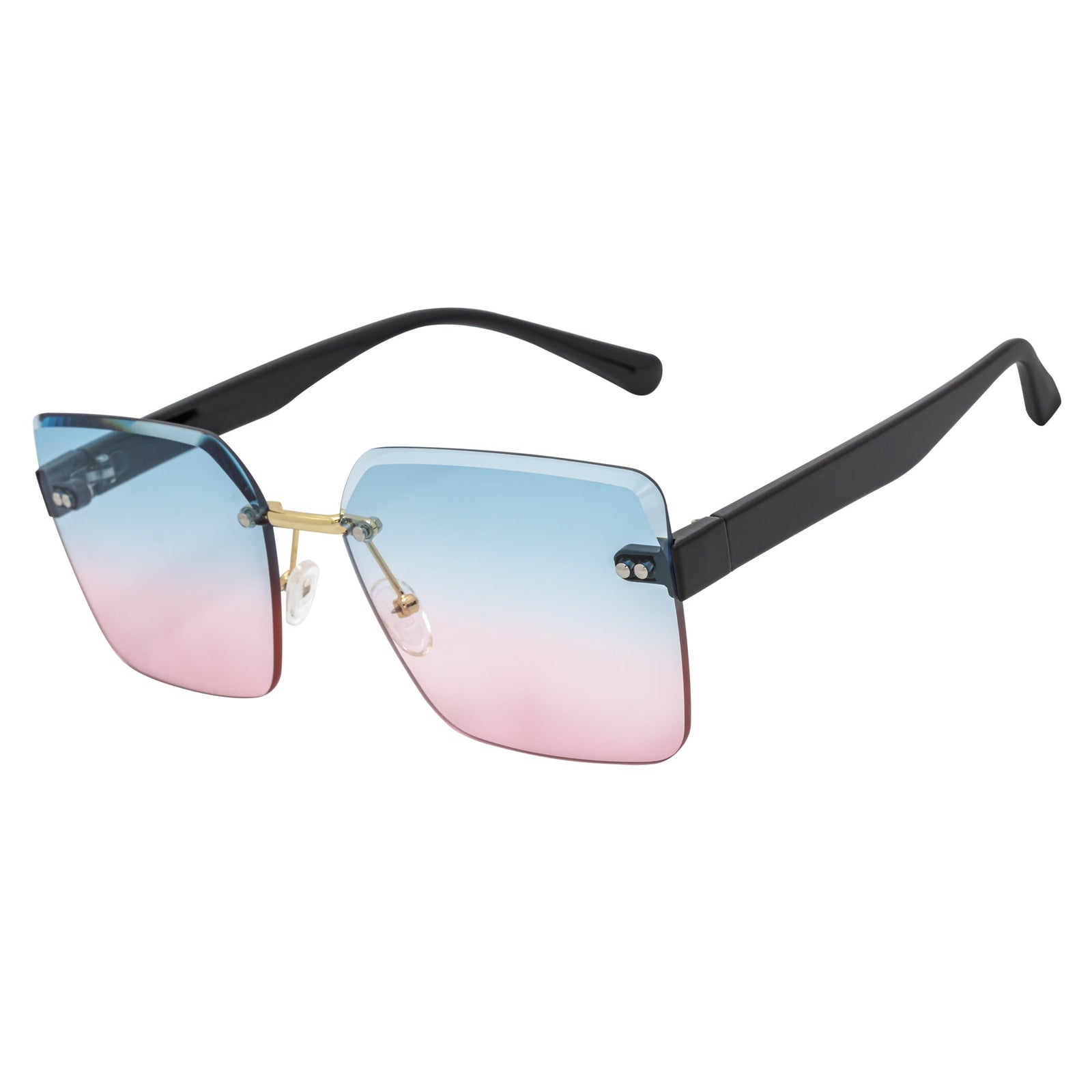 CASCADE - Rimless Oversize Square Sunglasses Black - Gold Blue - Pink Lens