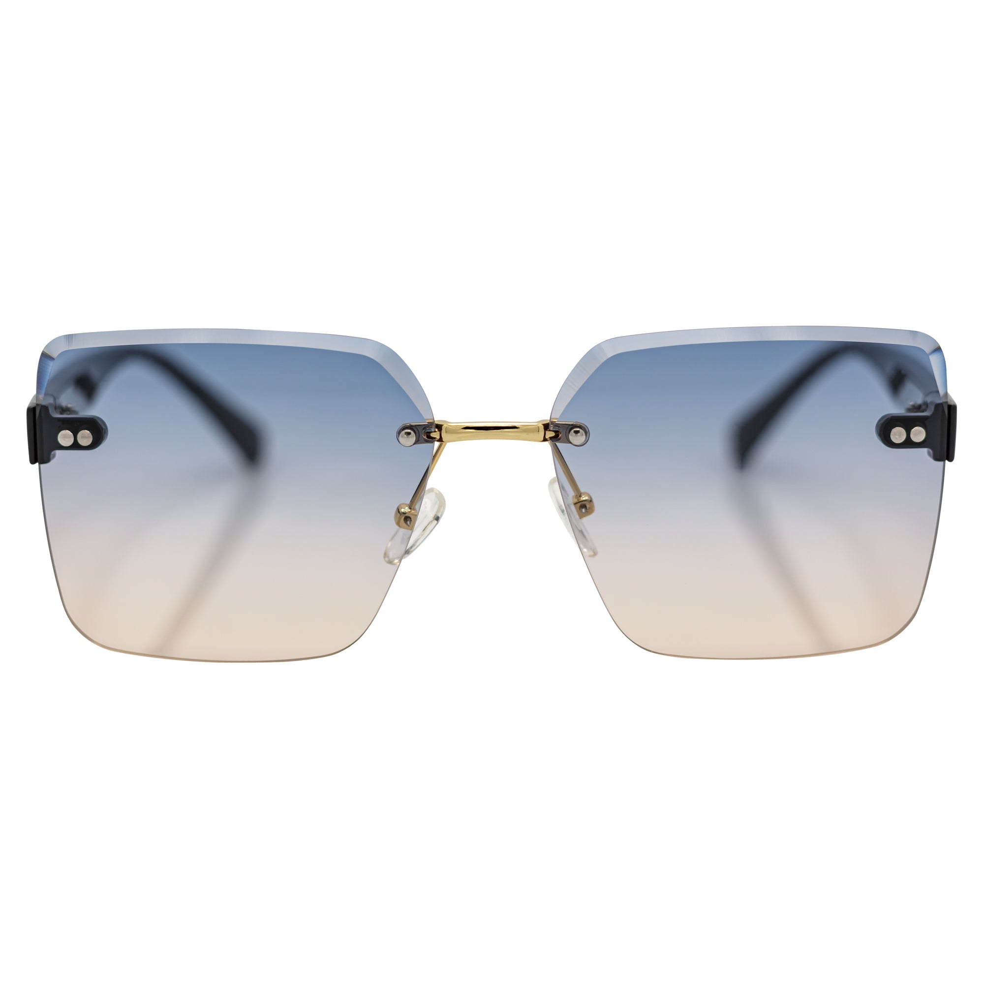 CASCADE - Rimless Oversize Square Sunglasses Black - Gold Blue - Tan Lens