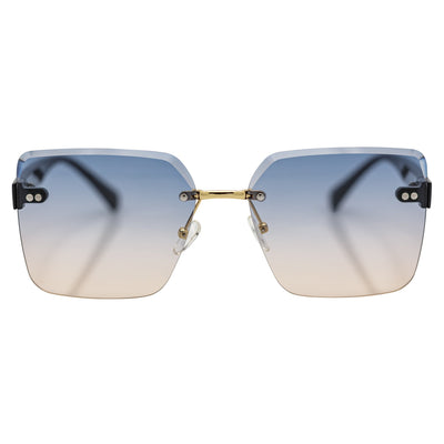 CASCADE - Rimless Oversize Square Sunglasses Black - Gold Blue - Tan Lens