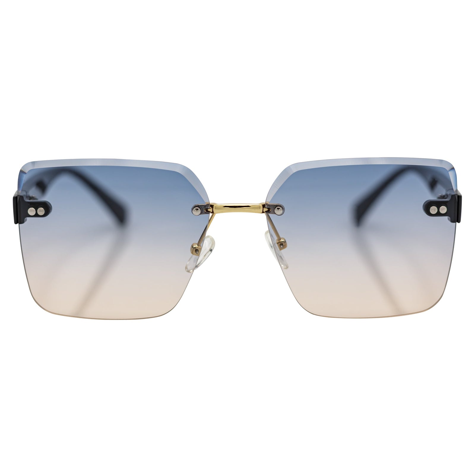 CASCADE - Rimless Oversize Square Sunglasses Black - Gold Blue - Tan Lens